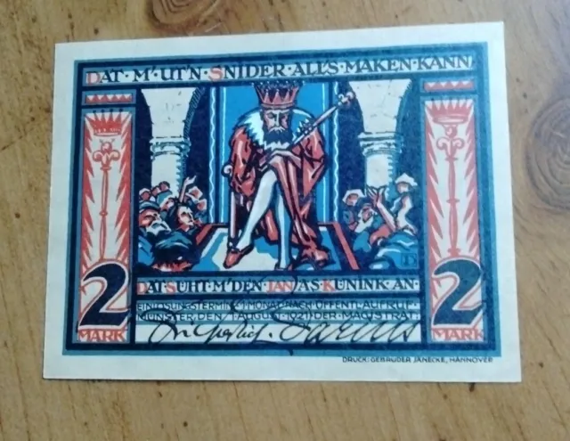 Munster Notgeld Two Mark Emergency Money Germany Banknote 1921