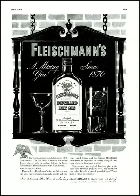 1938 Fleischmann's sloe gin bottle glasses mixer vintage art Print Ad  adL51
