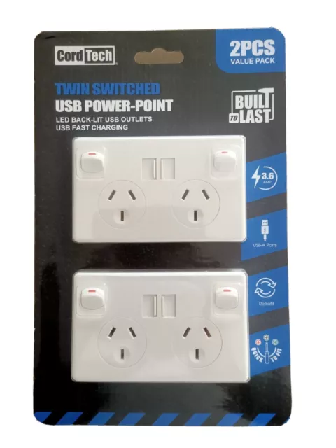 Cord Tech 10A Twin Switch Power Point with 2 Fast Charging USB A Outlets - 2 Pce