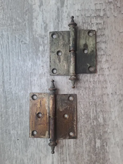 Vtg Antique Brass Door Hinges 2 X 2 Cabinet Steeple Top Matched Set Aged Patina