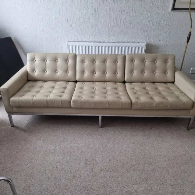 Vintage Cream Leather Stainless Steel Sofa Scandinavian Danish Style Art Deco