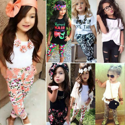 Kids Baby Girls Outfits Casual T-shirt Tank Tops Vest Pants Clothes Set Summer