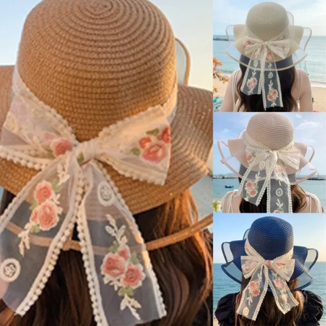 Straw Hat Beach Hat Handmade Ribbon Sun Hat Wide Brimmed Hat for Women Party