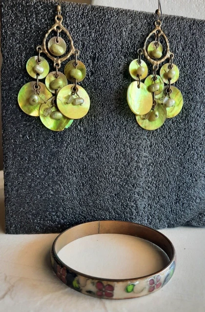 Vintage Dangle Earrings and Enamel bracelet Lot Peal Shell Fashion