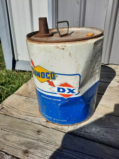 Vintage Sunoco Dx 5 Gallon Can Empty Used White Blue Large Gas Oil Can Used Vtg 2