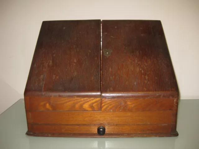 ANTIQUE WOODEN STATIONERY BOX CABINET OAK with DRAWER INKWELL DESK TOP