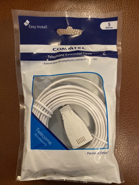 Commtel Telephone Extension Flat Cable Male to Female Phone Lead 5M