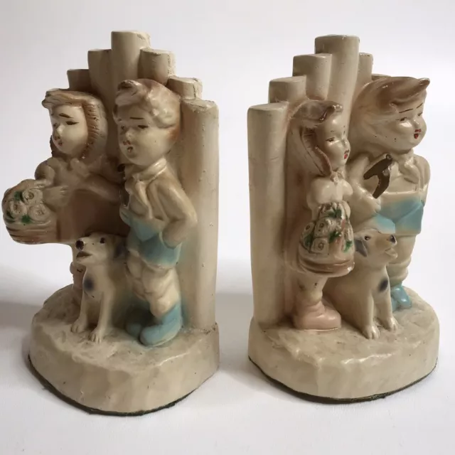 VINTAGE Pair Of Bookends Chalkware Children With Dog Boy Girl Book End