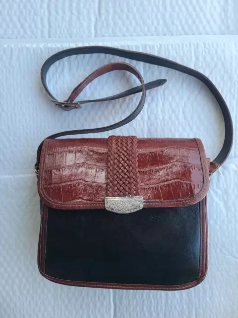Vtg. Brighton Pebbled Brown Croc Trim Leather Purse Shoulder Bag Crossbody