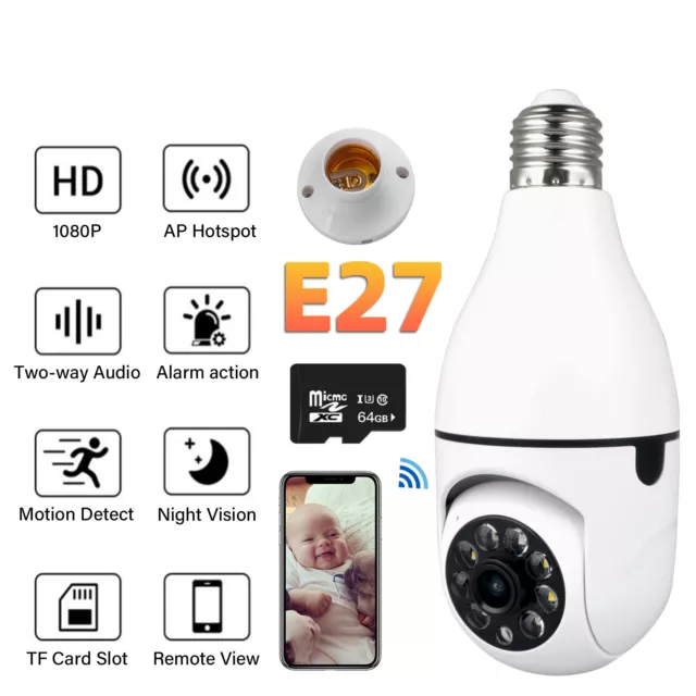 360° Panoramic 1080P Wireless E27 Bulb Camera Smart Security Camera WiFi +64G US