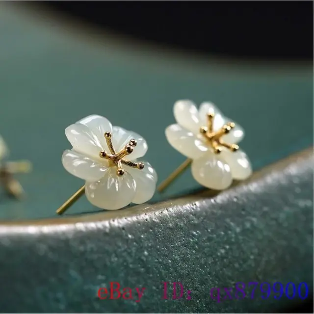 Jade Flower Earrings for Women Jewelry Chinese Ear Studs 925 Silver Natural