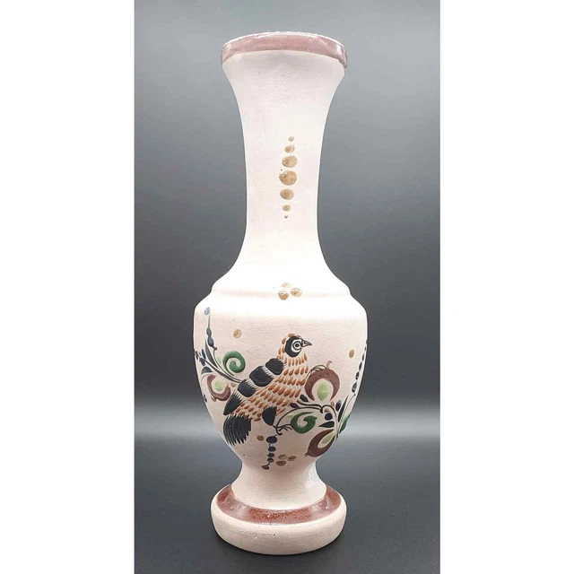 Tonala Mexican Pottery 10" Hand Painted Vase with Bird and Flowers Signed
