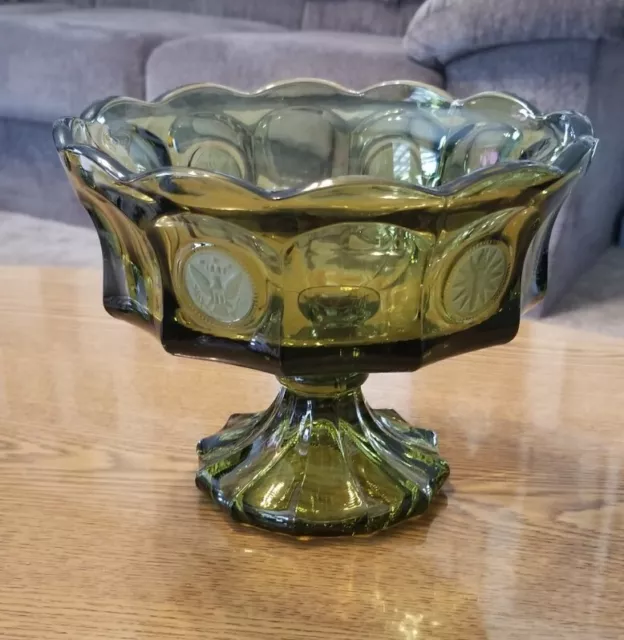 Vintage Green Fostoria Glass Liberty & Eagle Coin Footed Compote Bowl