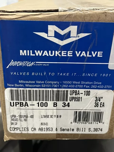 36 Milwaukee UPBA100 3/4" LF Bronze Full-Port DOMESTIC Ball Valve 600 WOG FNPT