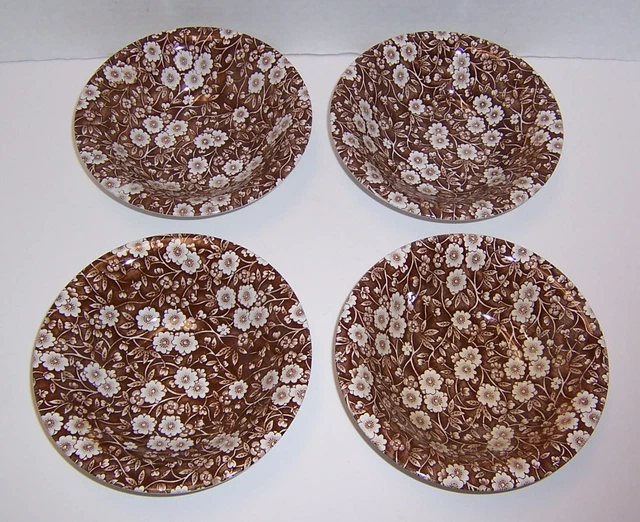Staffordshire England Calico Brown Chintz 4 Flair Cereal Bowls (6.25”) Very NICE