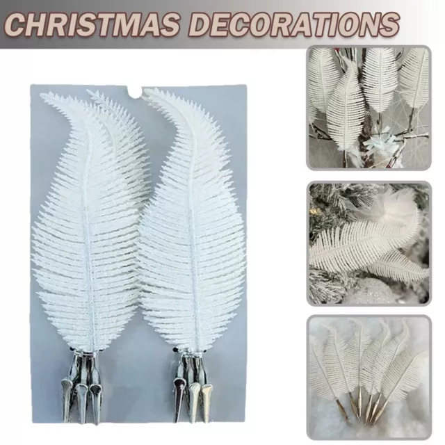 Pack of 6 Christmas Glitter Feathers –Silver, White, Gold, Clip on Feather Decor