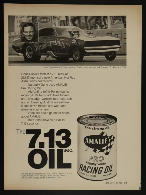 Amalie Racing Oil Gene Snow Rambunctious Dodge Charger Vintage Print Ad 1970