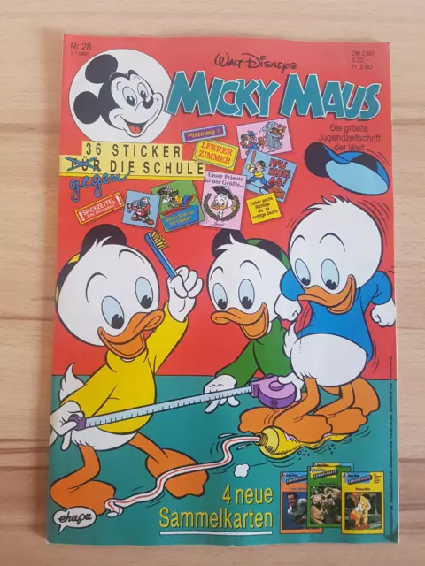 Micky Maus Comicheft Nr. 28 1990 mit Beilage 36 Schule-Sticker  & Sammelkarten
