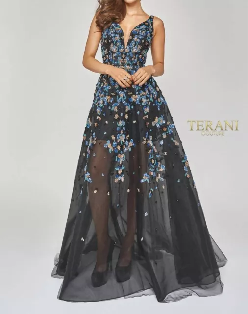 Terani Couture Deep V Neck Long Sequin Gown for Women - Size 12