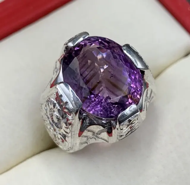 Natural Amethyst Ring, Man Amethyst Purple Gemstone Ring, 925 Sterling Silver