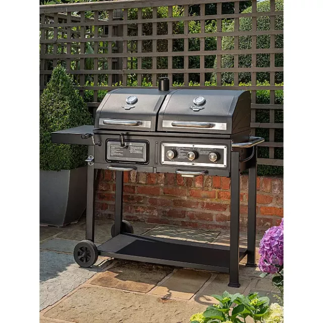 Gas and Charcoal BBQ Grill Dual Fuel Uniflame Smoker Barbecue Side Burner