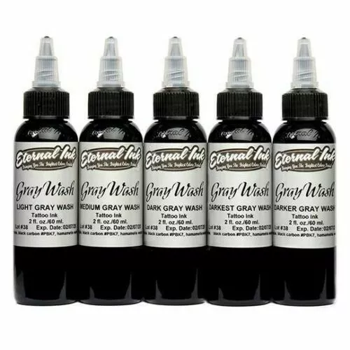 ETERNAL Tattoo Inks GrayWash Shading SET of 5 Colors 2 oz Bottles Authentic