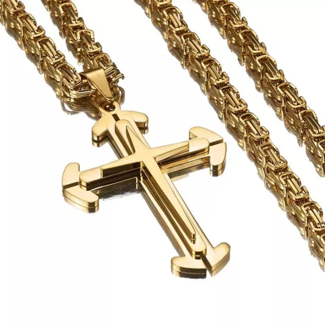 Mens Necklace Pendant Stainless Steel Chain Gold Color Cross Pendant