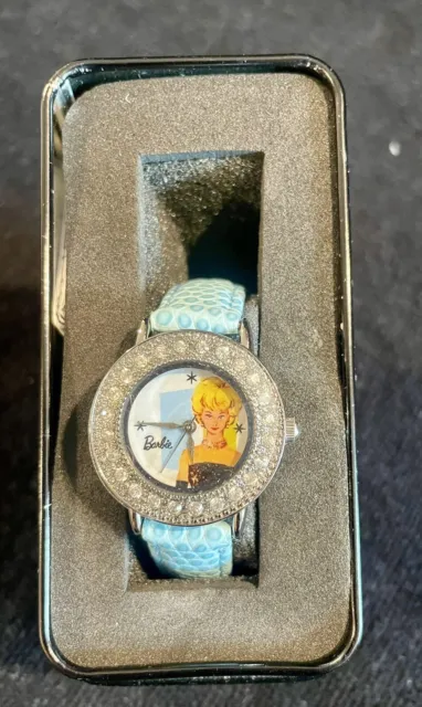 Barbie Watch New In Tin Features Retro Barbie Crystal Surround Light Blue Band