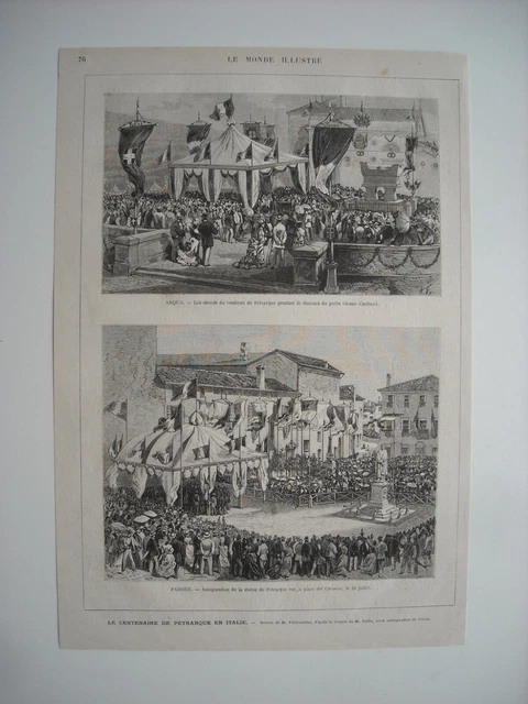 Gravure 1874. Le Centenaire De Petrarque En Italie. A Arqua. A Padoue Statue.