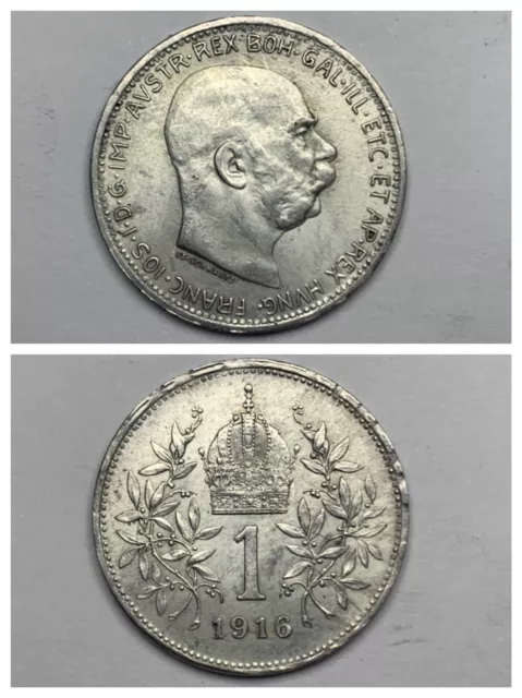 1916 Austrian Corona .835 Silver Emperor Franz Joseph Great Condition