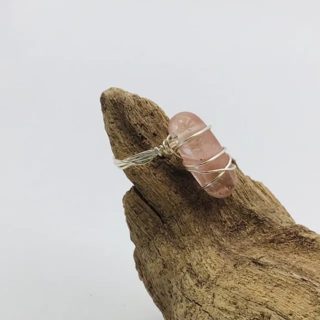 ROSE QUARTZ RING Size 7 Wire Wrapped Pink Stone Elongated Silver Tone ...