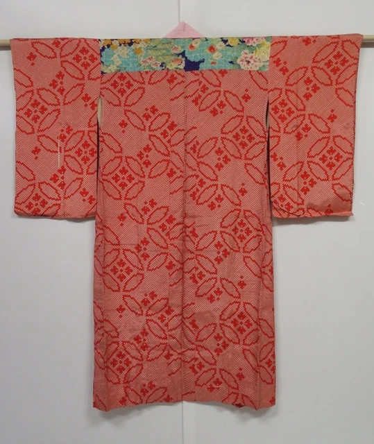 0422N03z640 Antique Japanese Kimono Jinken JUBAN Red Shippo