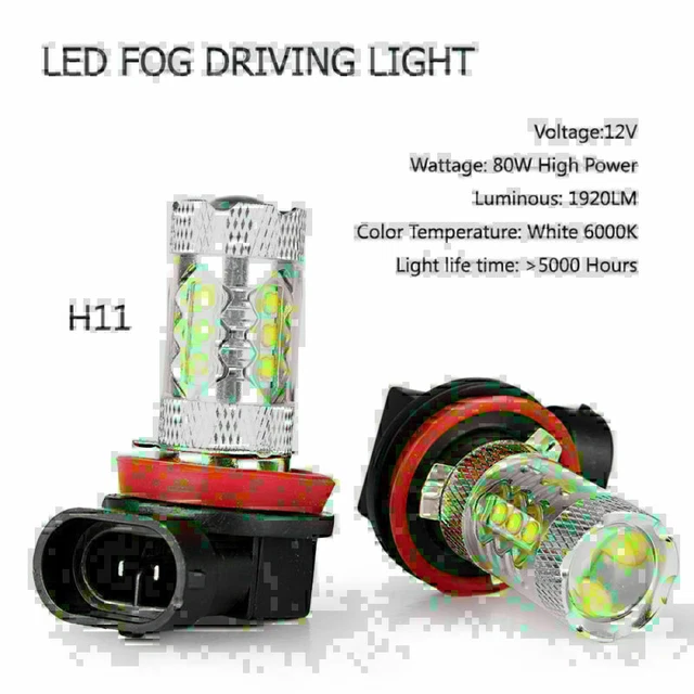 1 Paia Fendinebbia H11/H8/H9 80W Auto LED Lampada Fari Bianco 6000K