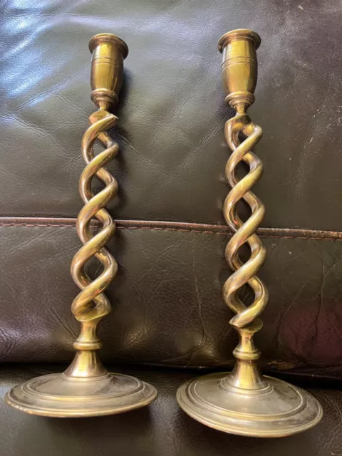 antique pair of 19th century signed barley twist solid brass candlesticks