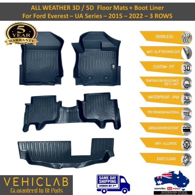 3D/5D TPE All Weather Floor Mats Liners for Ford Everest -UA -2015 - 2022 -3 ROW