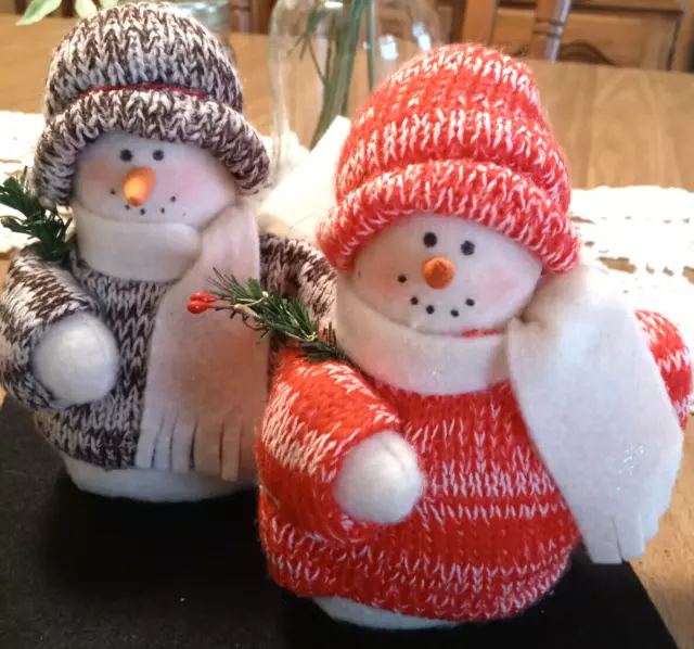 Christmas Snowman Figurines Handmade Felt Bodies  7" Weighted Base Winter Couple