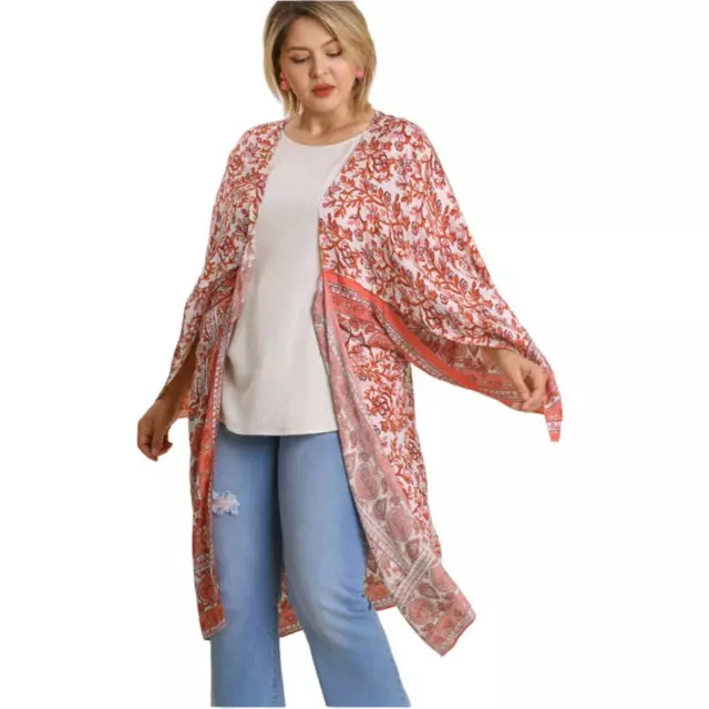 Umgee Boho Floral Print Open Front Wing Sleeve Kimono Plus Size 1XL/2XL