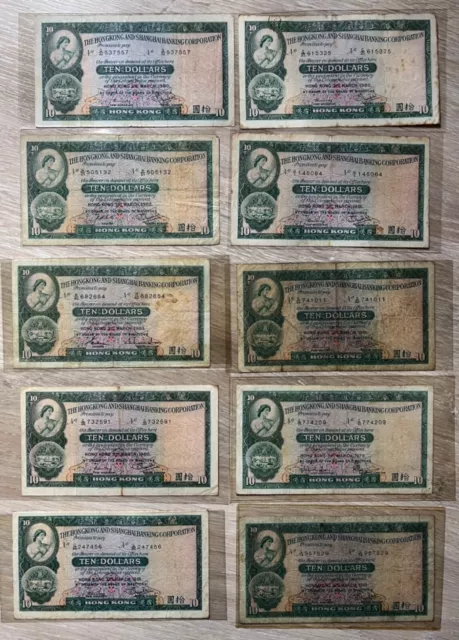 Banknote Hong Kong 10 Dollars, 1979-1983 Lot of 10.