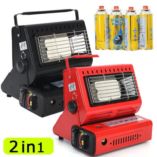 2in1 Tragbare Gasheizung 1,3KW Camping Butan Gas Kocher Keramik + Gaskartuschen