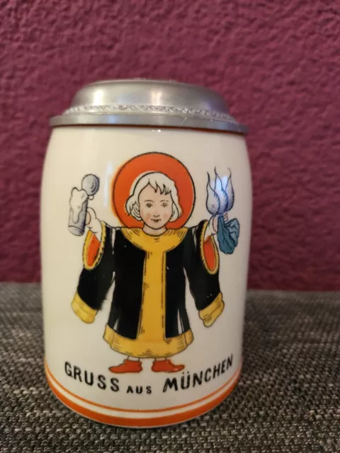 alter  Bierkrug mit Zinndeckel Gruß aus München- Münchner Kindl-0,5L 3