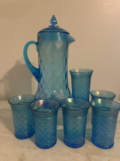 Northwood Concave Diamonds Celeste Blue Pitcher 6 Tumblers Iridescent