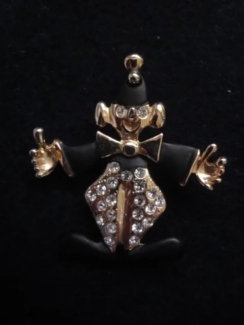 BROSCHE Goldfarben MODESCHMUCK CLOWN HARLEKIN mit weißen Straßsteinen VINTAGE