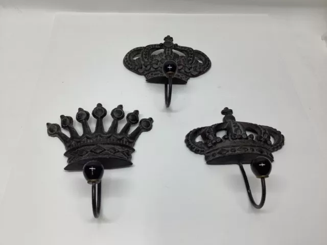 3-Cast Antique Iron Coat Wall Hooks Plaque Royal Crown