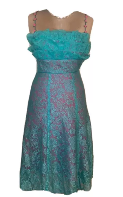 Betsey Johnson vintage aqua hot pink lace dress floral detail size 4 wedding