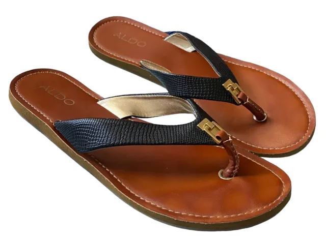 Aldo Women's Thong Flip Flop With Gold Tone Hardware Sandals Black Size 10