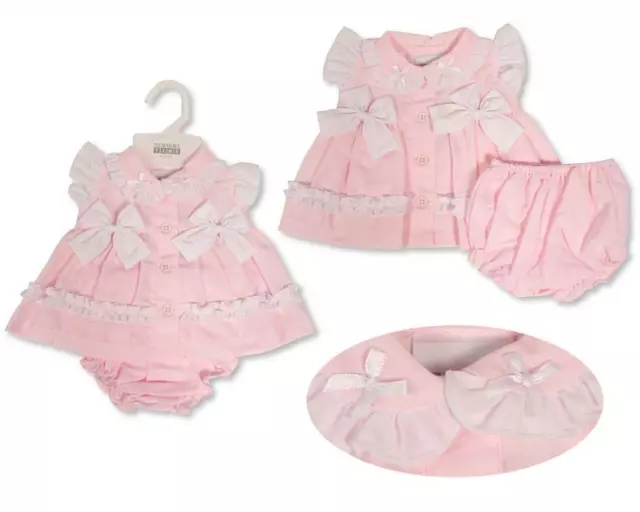 Premature Baby Girls Spanish Romany Dress & Pants Set  'Frilly Bows'  Pink White