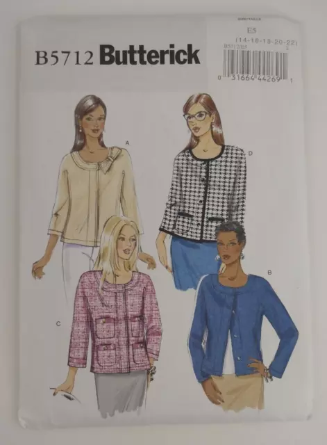 Butterick Pattern B5712 Jacket Unlined Button Front Misses 14-16-18-20-22 Uncut