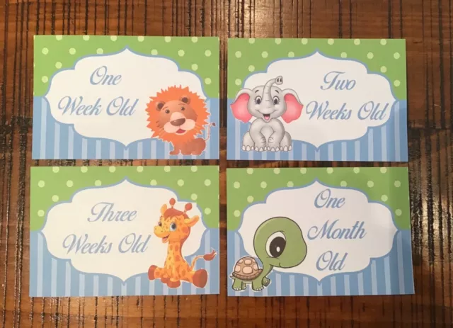 Baby Milestone Cards Blue/Green Nursery Animals Pack 33 Baby Shower Gift New Mum 2