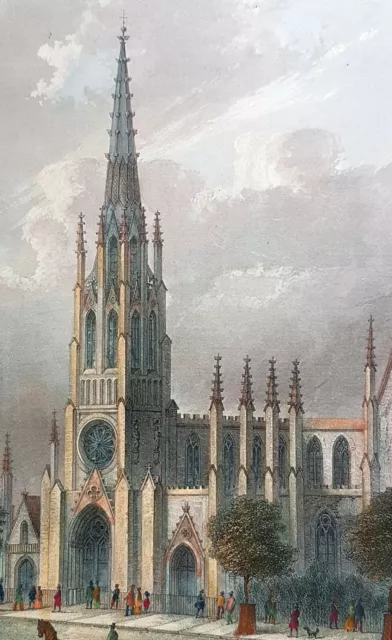 Kupferstich New York USA Grace Church 1836 Amerika koloriert Kirche Manhattan