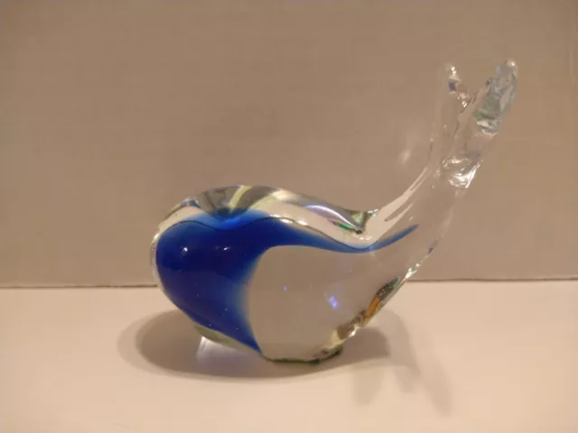 Vintage Glass Blown Art Whale Paperweight With Colbalt Stripe.  Coastal Nautical